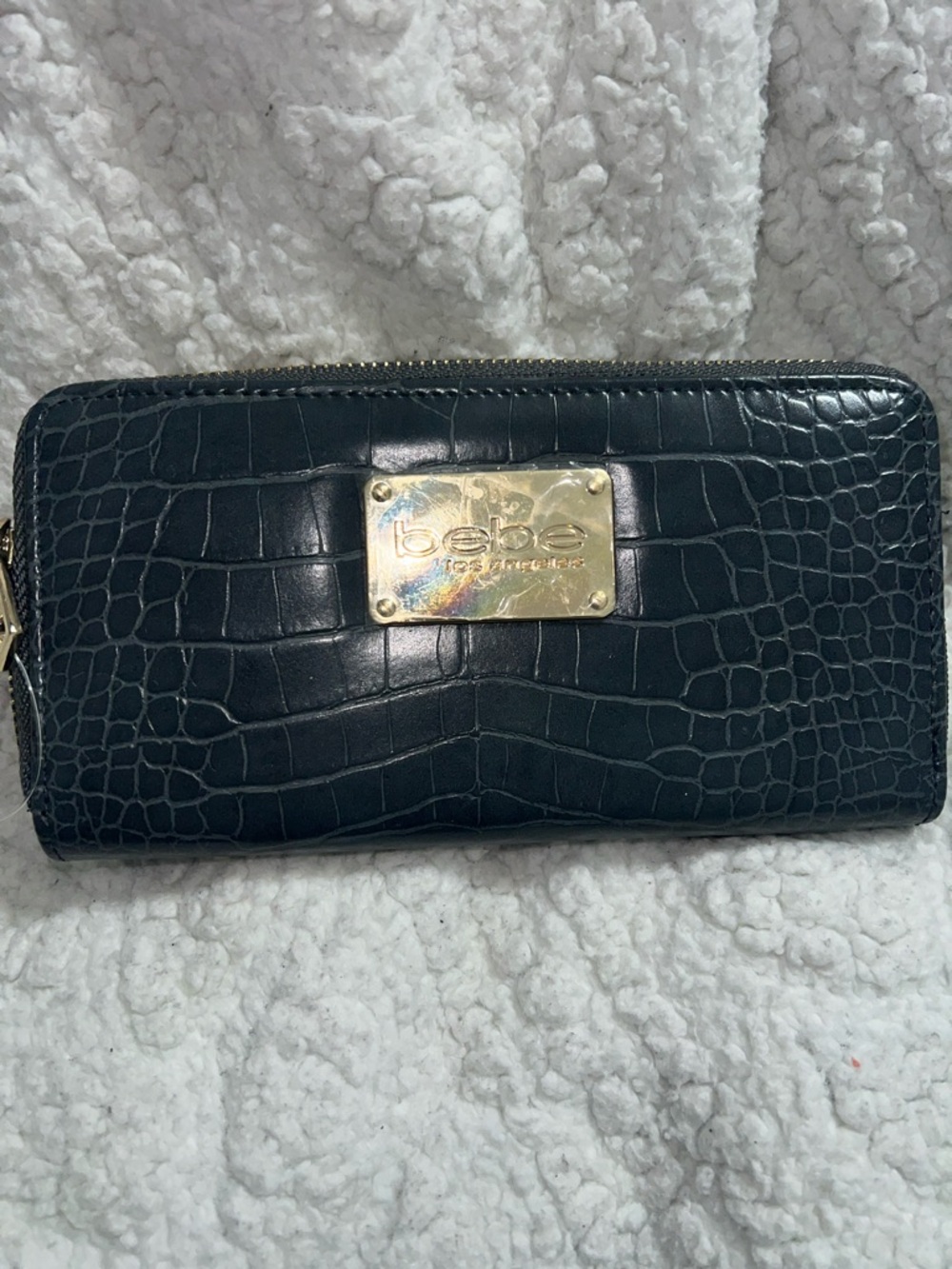 bebe Croc-Embossed Zip Wallet in Gray with Gold Plate